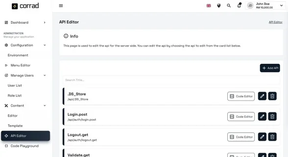 CORRAD Application Framework screen